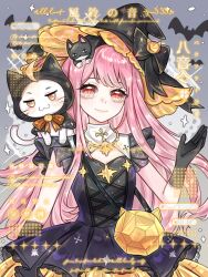 1girl ahoge animal animal_on_head animal_on_shoulder bag bat_(animal) ben-day_dots black_bow black_cat black_cloak black_gloves black_hat bow bowtie brooch brown_bow brown_bowtie cat cat_hat_ornament cat_on_head cat_on_shoulder chinese_commentary cloak clothed_animal collar commentary_request commission cowboy_shot cross cross-laced_clothes cross-laced_dress cross_necklace detached_collar dress ear_covers frilled_headwear gloves gold_necklace gradient_background grey_background hand_up hat hat_bow hexagram high_collar highres hood hood_up hooded_cloak jewelry lace-trimmed_dress lace_background lace_trim light_particles long_hair long_sidelocks momo_(nikki) necklace nikki_(nikki) nikki_(series) official_alternate_costume on_head orange_skirt pink_hair pumpkin_witch_(shining_nikki) purple_dress sample_watermark screentones shangyiyeweishang shining_nikki short_dress short_sleeves shoulder_bag sidelocks skirt skirt_under_dress sparkle standing star_(symbol) star_brooch star_necklace too_many_watermarks very_long_hair watermark whiskers white_cat white_collar witch witch_hat yellow_bag 