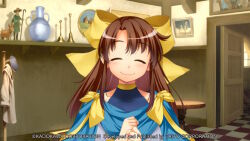  1girl ^_^ atelier-moo blue_capelet blue_leotard blush bow brown_hair capelet clenched_hands closed_eyes closed_mouth game_cg hair_bow hands_on_own_chest indoors leotard long_hair long_sidelocks non-web_source official_art open_door painting_(object) parted_hair ribbon ribbon_trim shirt short_sleeves sidelocks smile solo standing table trisha_foster_(revival) upper_body white_shirt yellow_bow yuukyuu_gensoukyoku yuukyuu_gensoukyoku_revival 