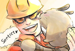  1boy chinese_commentary collared_shirt commentary_request crossover dated engineer_(tf2) goggles hard_hat hat heart helmet holding holding_pokemon licking licking_another's_face lizard_taro male_focus open_mouth pokemon pokemon_(creature) red_engineer_(tf2) red_shirt sentret shirt smile speech_bubble spoken_heart team_fortress_2 yellow_hat 