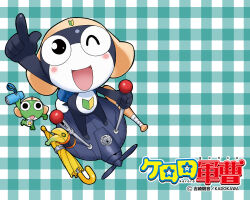  2boys bag banana baseball_bat black_eyes blue_background bottle copyright_name food frog fruit full_body keroro keroro_gunsou multiple_boys no_humans official_art official_wallpaper one_eye_closed simple_background star_(symbol) tamama ufo umbrella yoshizaki_mine 