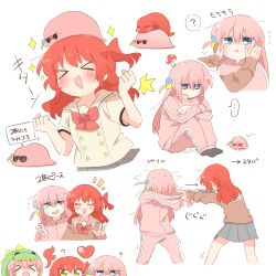  ... 2girls ? blue_eyes blush bocchi_the_rock! bow bowtie chibi closed_eyes commentary_request cropped_legs cropped_torso crossed_arms cube_hair_ornament gotoh_hitori gotoh_hitori_(octopus) gotoh_hitori_(tsuchinoko) hair_between_eyes hair_ornament hand_up hands_on_another's_face heart kita_ikuyo knees_up long_hair multiple_girls multiple_views mushroom no_mouth no_shoes notice_lines one_side_up open_mouth pink_hair rebecca_(keinelove) red_bow red_bowtie red_hair sailor_collar school_uniform serafuku shirt short_sleeves simple_background sitting sparkle speech_bubble spoken_ellipsis spoken_question_mark standing standing_on_one_leg sweat translation_request trembling w white_background white_sailor_collar white_shirt 