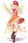  1girl ;d aka_tawashi bare_legs bird bird_wings blonde_hair blush boots bow bracelet breasts chick commentary_request dress eyebrows_visible_through_hair feathered_wings feathers full_body highres jewelry looking_at_viewer medium_breasts multicolored_hair niwatari_kutaka one_eye_closed open_mouth orange_dress puffy_short_sleeves puffy_sleeves red_bow red_eyes red_neckwear red_ribbon redhead ribbon shadow short_hair short_sleeves smile solo standing symbol_commentary tail thighs touhou two-tone_hair white_background wings wrist_bow 