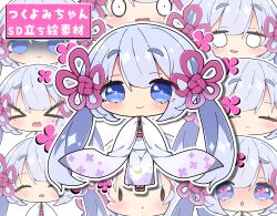  >_< 1girl :d :o blue_eyes blue_hair blush brown_sandals chibi chibi_only closed_eyes closed_mouth coeiroink commentary_request full_body hair_ribbon heart heart-shaped_pupils highres japanese_clothes kimono long_hair long_sleeves looking_at_viewer milkpanda multiple_views open_mouth outline purple_ribbon ribbon sandals smile standing symbol-shaped_pupils thick_eyebrows translation_request tsukuyomi-chan twintails very_long_hair white_kimono white_outline wide-eyed wide_sleeves 