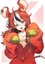  1girl :d absurdres ahoge animal_ears black_streaks blue_eyes braid collarbone commentary english_commentary food_print fruit_print hair_between_eyes hakos_baelz hakos_baelz_(strawberry_onesie) highres hololive hololive_english jewelry kuro11kii long_hair long_sleeves looking_at_viewer mouse_ears mouse_girl mouse_tail mr._squeaks_(hakos_baelz) multicolored_hair necklace onesie pajamas partially_unbuttoned red_hair red_pajamas sharp_teeth side_braids sleeves_past_fingers sleeves_past_wrists smile solo strawberry_print streaked_hair tail teeth upper_body virtual_youtuber white_streaks 
