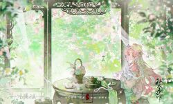  1girl architecture branch chengzipi chinese_clothes cup curtains day desk dress east_asian_architecture flower flower_pot garden green_dress hanfu highres holding holding_cup looking_at_viewer original outdoors pink_dress pink_flower pink_hair see-through_curtains shawl sitting snake solo spring_(season) stool tea teacup teapot tree white_shawl 