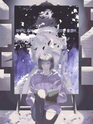  1girl black_hair bob_cut book coat dual_persona easel han_sooyoung han_sooyoung_(1863rd_turn) highres holding holding_book hood hood_down hoodie hydrangea9158 korean_text omniscient_reader's_viewpoint open_book open_clothes open_coat painting_(object) paper popped_collar purple_hoodie short_hair sitting smearing string translation_request white_coat 