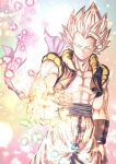  1boy arm_at_side blonde_hair blue_eyes blue_sash bracer chest closed_mouth dragon_ball dragon_ball_z gogeta looking_at_viewer male_focus mattari_illust metamoran_vest muscle pants sash smile solo standing stardust_breaker super_saiyan super_saiyan_1 white_pants 