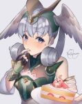  1girl alternate_costume bare_shoulders blue_eyes blush breasts cake detached_sleeves eyebrows_visible_through_hair finger_in_mouth fingerless_gloves food gloves green_headwear grey_background head_wings highres medium_breasts melia_antiqua mirin. nopon silver_hair simple_background solo upper_body xenoblade_chronicles xenoblade_chronicles_(series) 