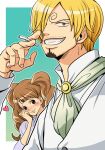  1boy 1girl bangs blonde_hair blush charlotte_pudding cigarette cravat facial_hair goatee hair_over_one_eye heart hetero highres living_(pixiv5031111) long_hair looking_at_another official_alternate_costume one_piece sanji smile spoilers swept_bangs third_eye twintails 