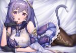  1girl bangs bare_shoulders black_legwear blush breasts cat_tail detached_sleeves dress frills genshin_impact gloves hair_ornament keqing_(genshin_impact) long_hair looking_at_viewer lying medium_breasts on_stomach open_mouth pantyhose purple_hair skirt solo tail thighs twintails violet_eyes xfate 