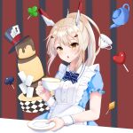  1girl absurdres alice_(wonderland) alice_(wonderland)_(cosplay) alice_in_wonderland apron ayanami_(azur_lane) azur_lane blonde_hair blue_dress blush commentary_request cosplay cup dress halloween headgear high_ponytail highres konparu_uran long_hair orange_eyes ponytail retrofit_(azur_lane) sidelocks solo teacup 