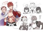  1boy 3girls blood blood_splatter blue_eyes cape closed_eyes commentary_request emiya_shirou eyepatch fate/grand_order fate_(series) hand_on_own_face holding igote japanese_clothes laughing limited/zero_over medium_hair miyamoto_musashi_(fate/grand_order) mochizuki_chiyome_(fate/grand_order) multiple_girls pink_hair ponytail redhead sengo_muramasa_(fate) shirtless shuten_douji_(fate/grand_order) simple_background smile sparkling_eyes tomoe_gozen_(fate/grand_order) translation_request upper_body waltz_(tram) white_background yellow_eyes 