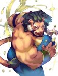  1boy animal_ears arsalan_(tokyo_houkago_summoners) bara beard blonde_hair bulge chest facial_hair fighting_stance furry green_hair highres lion_boy lion_ears lion_tail male_focus multicolored_hair muscle nipples shirtless short_hair slime solo sword tail thick_thighs thighs tokyo_houkago_summoners two-tone_hair weapon zuoyu4 