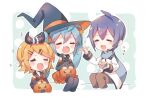  1boy 2girls aqua_hair bangs black_collar black_headwear black_legwear black_sleeves blonde_hair blue_hair blue_scarf bubble_skirt chibi coat collar commentary cup detached_sleeves feeding hair_ornament hairclip halloween halloween_basket halloween_costume hat hatsune_miku holding holding_cup horns ice_cream_cup kagamine_rin kaito long_hair multiple_girls niwako open_mouth orange_skirt sailor_collar scarf short_hair sitting skirt sparkle swept_bangs tears thigh-highs trick_or_treat twintails very_long_hair vocaloid white_coat witch_hat 