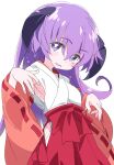  1girl detached_sleeves eyebrows_visible_through_hair eyes_visible_through_hair hakama hanyuu higurashi_no_naku_koro_ni horns ixy japanese_clothes long_hair looking_at_viewer purple_hair red_hakama simple_background solo violet_eyes white_background wide_sleeves 