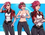  1girl arm_tattoo blushy-pixy breasts commentary crossed_arms ear_piercing english_commentary goggles goggles_on_head grey_eyes hair_between_eyes hand_in_pocket highres jacket league_of_legends looking_at_viewer medium_breasts midriff multiple_views navel neck_tattoo one_eye_closed open_mouth pants piercing pink_hair short_hair short_sleeves smile tattoo teeth tongue tongue_out vi_(league_of_legends) 