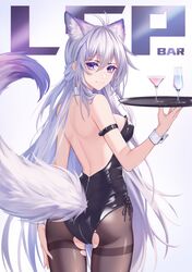  1girl absurdres animal_ears antenna_hair arm_strap ass backless_outfit bangs bare_arms bare_shoulders black_leotard breasts commentary_request cowboy_shot cup drinking_glass from_behind grey_background grey_legwear hair_between_eyes hand_up highres holding holding_tray kirby_d_a large_breasts leotard long_hair looking_at_viewer looking_back original pantyhose playboy_bunny_leotard silver_hair smile solo standing strapless strapless_leotard tail thighband_pantyhose thighs tray very_long_hair violet_eyes wine_glass wolf_ears wolf_tail wrist_cuffs 