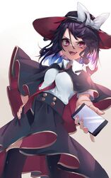  1girl absurdres beige_background between_breasts black_hair black_skirt blouse bow breasts capelet collared_blouse cowboy_shot fedora gradient gradient_background hair_between_eyes hand_on_hip hat hat_bow highres holding holding_phone murayo necktie necktie_between_breasts open_mouth phone skirt smile solo touhou usami_renko v-shaped_eyebrows white_blouse white_bow 