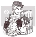  1boy arurandis backpack bag black_gloves death_stranding glasses gloves grey_background greyscale holostars looking_at_viewer mabuka_(mabukaaaa) monochrome sideburns simple_background smiley_face solo standing sweatdrop upper_body virtual_youtuber 