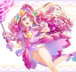  1girl :d absurdres cure_grace dress earrings floating_hair flower gloves hair_flower hair_ornament healin&#039;_good_precure heart heart_hair_ornament high_ponytail highres holding holding_staff jewelry long_hair open_mouth pink_dress pink_eyes pink_hair precure rabirin_(precure) shiny shiny_hair shiny_skin short_dress smile solo staff very_long_hair white_background white_dress white_footwear white_gloves yellow_flower yuutarou_(fukiiincho) 