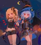 2girls :d alternate_costume bare_legs bat_wings belt black_dress black_shirt black_shorts blonde_hair blue_hair blurry blush bokeh breasts brooch choker closed_mouth cowboy_shot crescent crop_top cross depth_of_field dress expressionless eyebrows_visible_through_hair fangs flandre_scarlet hair_ribbon hat highres holding holding_wand horns jewelry laevatein_(tail) long_sleeves looking_at_viewer midriff multiple_girls night night_sky open_mouth red_eyes reddizen remilia_scarlet ribbon shirt short_hair shorts side_ponytail single_sleeve sketch sky small_breasts smile standing star_(sky) tail thighs touhou wand wide_sleeves wings witch_hat 