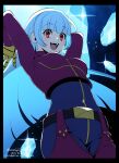  1girl bangs belt blue_hair bodysuit chaps cropped_jacket gloves ice jacket kula_diamond long_hair meiji_ken open_mouth red_eyes solo the_king_of_fighters 