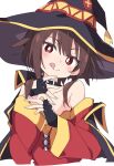  1girl :q bangs bare_shoulders black_cape black_gloves black_headwear brown_hair cape eyebrows_visible_through_hair fingerless_gloves gloves hat ixy kono_subarashii_sekai_ni_shukufuku_wo! looking_at_viewer megumin red_eyes short_hair simple_background solo tongue tongue_out upper_body white_background witch_hat 