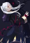  1girl braid buttons cloak dark_persona fire_emblem fire_emblem_awakening floating_hair french_braid gimkamres04 grima_(fire_emblem) hand_tattoo highres hood hood_down hooded_cloak long_hair long_sleeves looking_at_viewer parted_lips pink_ribbon ribbon robin_(fire_emblem) robin_(fire_emblem)_(female) shadow solo tattoo teeth twintails white_hair yellow_eyes 