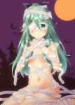  1girl alternate_costume bandage_over_one_eye bandages bangs black_ribbon breasts commentary_request full_moon green_eyes green_hair hair_between_eyes hair_ornament hair_ribbon hairclip kantai_collection long_hair looking_at_viewer mae_(maesanpicture) moon mummy parted_bangs ponytail purple_sky ribbon sidelocks silhouette sitting small_breasts solo wariza yamakaze_(kantai_collection) 