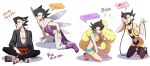  1boy arm_support bangs bare_arms black_hair boots bracelet closed_eyes collarbone commentary_request cosplay crossdressinging elesa_(pokemon) elesa_(pokemon)_(cosplay) flats grimsley_(pokemon) hair_between_eyes headphones highres holding indian_style jewelry kneeling lobolobo2010 looking_at_viewer male_focus multiple_views navel one_eye_closed open_mouth pokemon pokemon_(game) pokemon_bw pokemon_sm purple_footwear sandals sash shoes sitting smile speech_bubble sweat toes tongue translation_request tucker_(pokemon) tucker_(pokemon)_(cosplay) yellow_footwear 