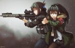  2girls armband bangs black_gloves black_hair black_neckwear black_pants black_shorts blue_eyes brown_legwear collared_shirt commentary_request dress_shirt eyebrows_visible_through_hair folded_ponytail fur-trimmed_jacket fur_trim gloves green_jacket gun hair_between_eyes highres holding holding_gun holding_weapon jacket lanyard legwear_under_shorts long_hair long_sleeves looking_away multiple_girls ndtwofives necktie open_clothes open_jacket original pants pantyhose ponytail profile red_eyes shirt short_shorts shorts twitter_username two-handed weapon white_shirt 