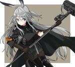  1girl animal_ears arknights bangs black_gloves black_legwear blue_eyes boots breasts cape commentary_request exion_(neon) eyebrows_visible_through_hair gloves hammer holding holding_hammer holding_weapon jacket long_hair pantyhose rabbit_ears savage_(arknights) silver_hair smile solo thigh-highs weapon 