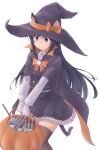  1girl adapted_costume animal_ears asashio_(kantai_collection) black_hair black_headwear blue_eyes cat_ears cat_tail commentary_request cowboy_shot dress gloves halloween_basket hat highres kantai_collection long_hair long_sleeves meihemu pinafore_dress pumpkin remodel_(kantai_collection) shirt simple_background solo standing striped striped_legwear tail thigh-highs torpedo white_background white_gloves white_shirt witch_hat 