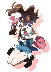  1girl :d antenna_hair baseball_cap black_footwear black_wristband blue_eyes boots brown_hair commentary_request denim denim_shorts eyelashes floating_hair gen_5_pokemon hat hilda_(pokemon) holding holding_pokemon lobolobo2010 long_hair open_mouth oshawott pink_bag pokemon pokemon_(creature) pokemon_(game) pokemon_bw short_shorts shorts sidelocks smile starter_pokemon tongue two-tone_headwear wristband 