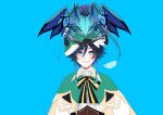  1boy absurdres animal animal_on_head bard black_hair blue_background blue_eyes blue_hair braid cape dragon dvalin_(genshin_impact) flower genshin_impact gradient_hair green_headwear hair_flower hair_ornament hat highres long_sleeves looking_at_another looking_up male_focus multicolored_hair okomejet on_head open_mouth otoko_no_ko scales shorts simple_background smile solo thigh-highs twin_braids venti_(genshin_impact) vision_(genshin_impact) wings 