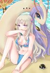  1girl absurdres bikini blonde_hair blue_bikini chinese_commentary civia gen_3_pokemon heluo_official highres hololive hololive_china horns licking_self long_hair looking_at_viewer milotic navel poke_ball pokemon pokemon_(creature) single_horn sitting swimsuit ultra_ball violet_eyes virtual_youtuber 