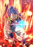  1boy blue_eyes blue_hair blue_sash bracer closed_mouth dragon_ball dragon_ball_super dragon_ball_super_broly energy full_body glowing glowing_eyes gogeta male_focus mattari_illust metamoran_vest muscle pants sash smile solo spiky_hair super_saiyan super_saiyan_blue superhero_landing white_pants 