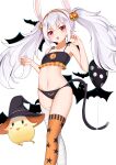  1girl :o absurdres animal_ears azur_lane balloon bandaged_leg bandages bangs bare_arms bare_shoulders bat bikini black_bikini black_headwear blush blush_stickers claw_pose collarbone eyebrows_visible_through_hair fang feet_out_of_frame flat_chest food_themed_hair_ornament frilled_bikini frills hair_ornament hands_up hat highres laffey_(azur_lane) long_hair looking_at_viewer manjuu_(azur_lane) mismatched_legwear open_mouth orange_legwear print_bikini print_legwear pumpkin_hair_ornament pumpkin_print rabbit_ears red_eyes revision silver_hair simple_background single_thighhigh standing star_(symbol) star_print swimsuit tail thigh-highs tming twintails v-shaped_eyebrows white_background witch_hat 