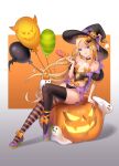 1girl abigail_williams_(fate/grand_order) absurdres balloon bangs bare_shoulders black_bow blonde_hair blue_eyes blush bow breasts candy choker dongcilagedaci fate/grand_order fate_(series) food forehead hair_bow halloween hat high_heels highres jack-o&#039;-lantern legs licking_lips lollipop long_hair looking_at_viewer multiple_bows open_mouth orange_bow parted_bangs pumpkin sidelocks sitting small_breasts smile thigh-highs tongue tongue_out witch_hat 