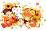  candy chai closed_eyes commentary_request cookie eating food highres holding holding_candy holding_food jelly_bean lollipop marshmallow no_humans original signature sitting_on_food tiger undersized_animal white_background white_tiger wrapped_candy 
