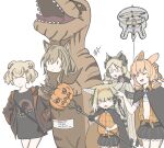  5girls absurdres animal_ears arknights artist_request balloon bear_ears ceobe_(arknights) closed_eyes cosplay dinosaur_costume dog_ears drone english_text feather_hair fox_ears fox_girl fox_tail glasses gummy_(arknights) halloween halloween_basket halloween_costume highres ifrit_(arknights) jurassic_park kroos_(arknights) kroos_(arknights)_(cosplay) kroos_(the_mag)_(arknights) kyuubi multiple_girls multiple_tails owl_ears rabbit_ears shirt silence_(arknights) silence_(arknights)_(cosplay) staff suzuran_(arknights) t-shirt tail trick-or-treating 