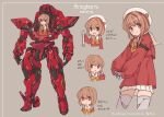  1girl absurdres android beige_background brown_eyes brown_hair character_name character_sheet commentary_request highres horns kopaka_(karda_nui) looking_ahead mecha multiple_views open_hands original single_horn standing translation_request visor 