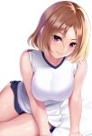  1girl arm_support bra_through_clothes bralines breasts eyebrows_visible_through_hair gym_uniform huyumitsu large_breasts lips looking_at_viewer original see-through short_hair short_sleeves shorts sleeves_pushed_up solo violet_eyes white_background 