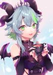  1girl blue_hair bsapricot_(vtuber) cup green_eyes holding holding_cup horns indie_virtual_youtuber looking_at_viewer mini_wings sa9no short_hair short_hair_with_long_locks solo teacup virtual_youtuber 