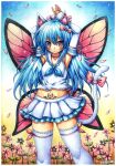  1girl animal_ear_fluff animal_ears armpits blue_hair blush_stickers bow breasts butterfly_wings cat_ears cat_tail choker emperpep fairy_wings flower frilled_skirt frills highres indie_virtual_youtuber long_hair midriff neckerchief petals pink_bow pink_eyes pink_wings pubic_tattoo school_uniform serafuku shimo_hisae shirt signature skirt small_breasts tail tattoo thigh-highs traditional_media virtual_youtuber white_legwear white_shirt white_skirt wings zettai_ryouiki 