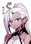  1girl breasts character_request closed_mouth dark_skin heterochromia highres large_breasts long_hair looking_at_viewer simple_background solo tukiwani white_background white_hair 