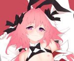  1boy astolfo_(fate) astolfo_(saber)_(fate) bare_chest black_bow black_gloves black_neckwear black_ribbon blush bow bowtie commentary_request crossdressinging detached_sleeves fate/grand_order fate_(series) gloves hair_bow hair_intakes looking_at_viewer low_twintails lying male_focus multicolored_hair navel nipples on_back on_bed otoko_no_ko pillow pink_eyes pink_hair ribbon solo streaked_hair twintails white_hair wing_collar yaguo yes yes-no_pillow 