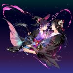  1boy 1girl black_gloves black_hair chain commentary fantasyxing gloves hat highres japanese_clothes kimetsu_no_yaiba kimono kochou_shinobu liquid long_hair multicolored_hair obi potion purple_hair round-bottom_flask sash sickle tomioka_giyuu two-tone_hair violet_eyes witch_hat 