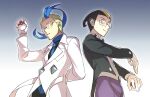  2boys arm_behind_back black_hair blonde_hair blue_hair buttons colress_(pokemon) darach_(pokemon) from_below glasses gloves highres holding holding_poke_ball labcoat lobolobo2010 long_sleeves looking_at_viewer male_focus multicolored_hair multiple_boys pants parted_lips poke_ball poke_ball_(basic) pokemon pokemon_(game) pokemon_bw2 pokemon_dppt pokemon_platinum purple_pants short_hair two-tone_hair white_gloves yellow_eyes 