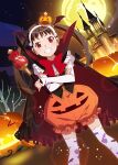  cape castle food_themed_hair_ornament full_moon hachikuji_mayoi hair_ornament halloween halloween_costume highres monogatari_(series) monogatari_series_puc_puc moon print_legwear pumpkin_hair_ornament pumpkin_pants staff twintails 